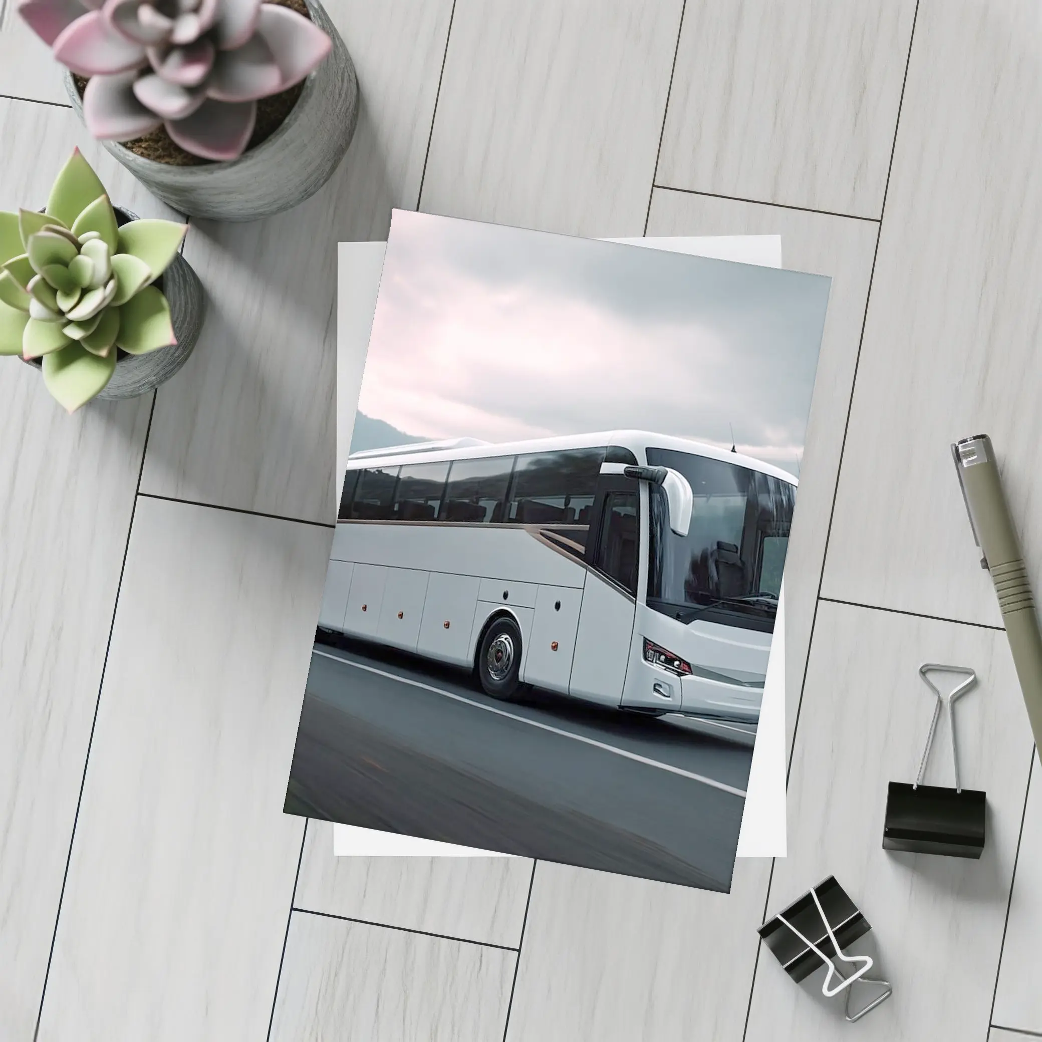 White Coach Bus Driving Through Mountain Road – Postcards