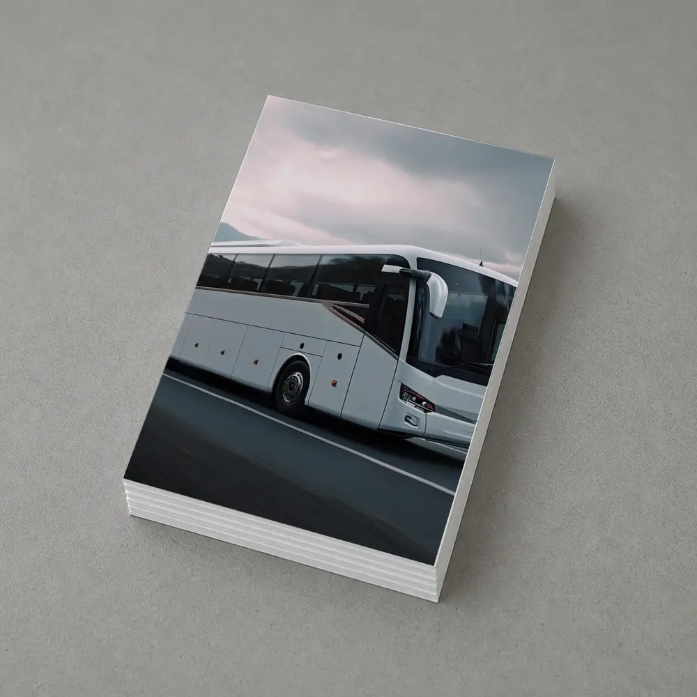 White Coach Bus Driving Through Mountain Road – Postcards