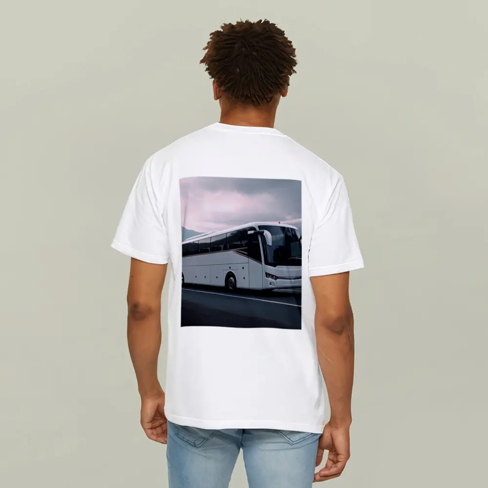 White Coach Bus Driving Through Mountain Road – T-Shirts
