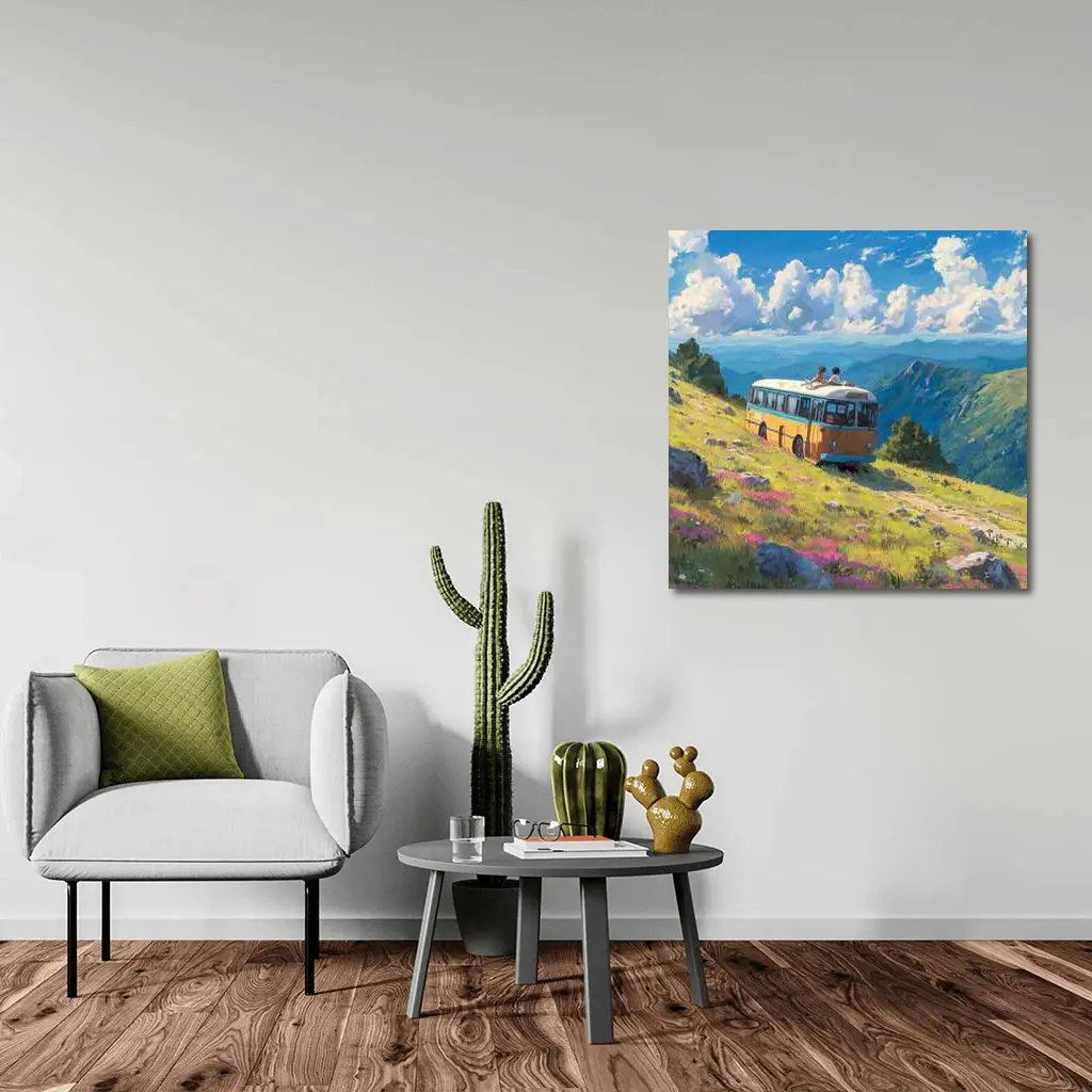 Anime Bus Ride Mountain Wildflower Landscape – Wall Art