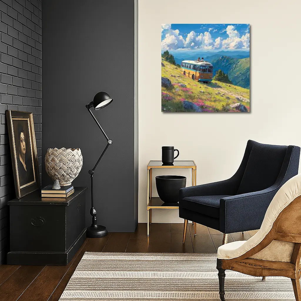 Anime Bus Ride Mountain Wildflower Landscape – Wall Art