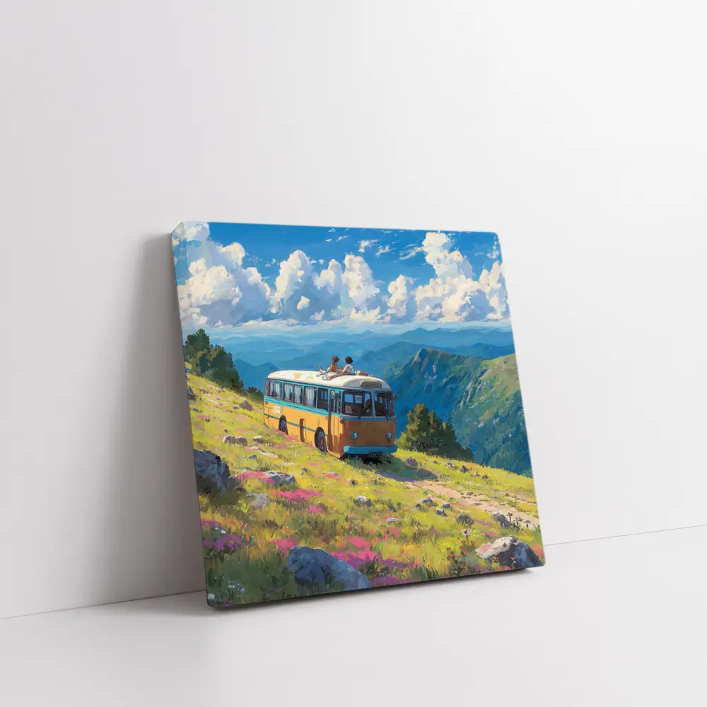 Anime Bus Ride Mountain Wildflower Landscape – Wall Art