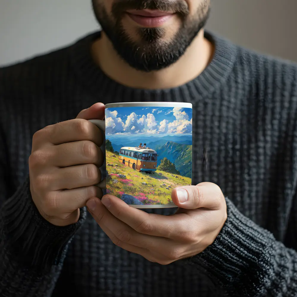 Anime Bus Ride Mountain Wildflower Landscape – Mugs