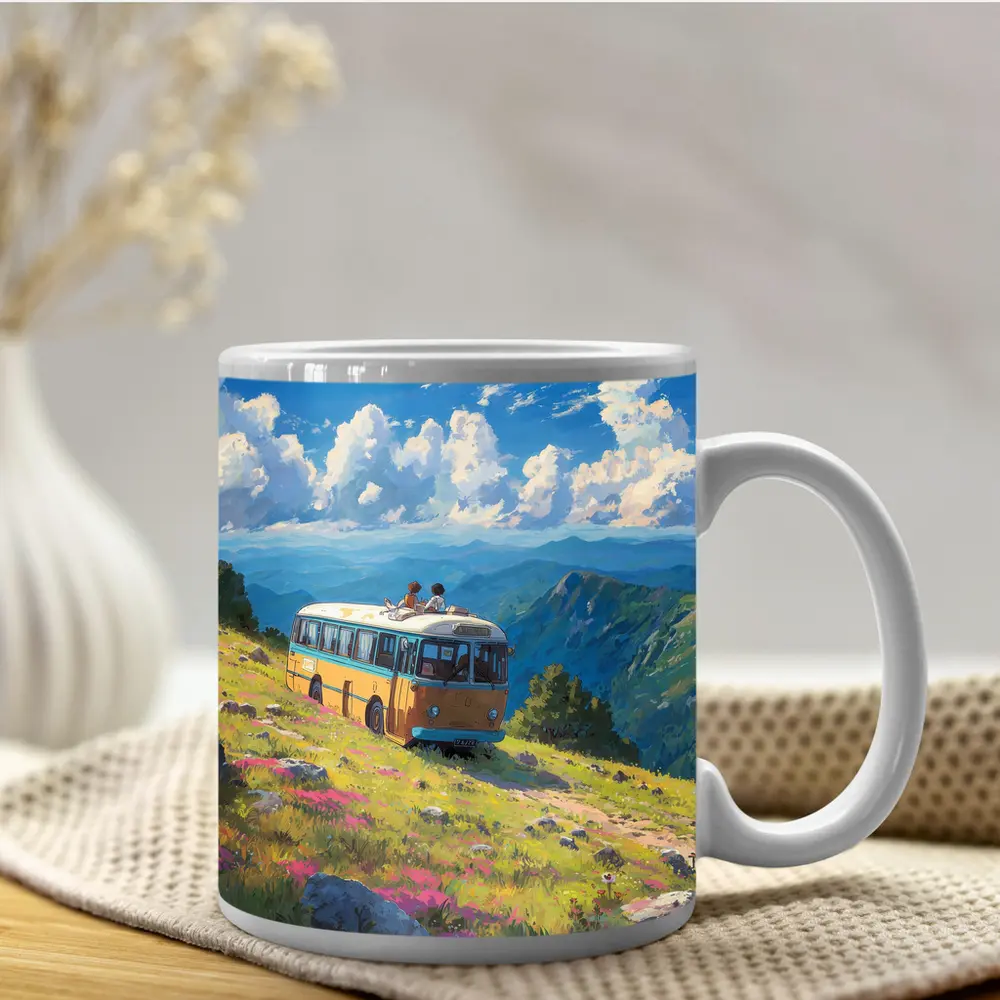 Anime Bus Ride Mountain Wildflower Landscape – Mugs