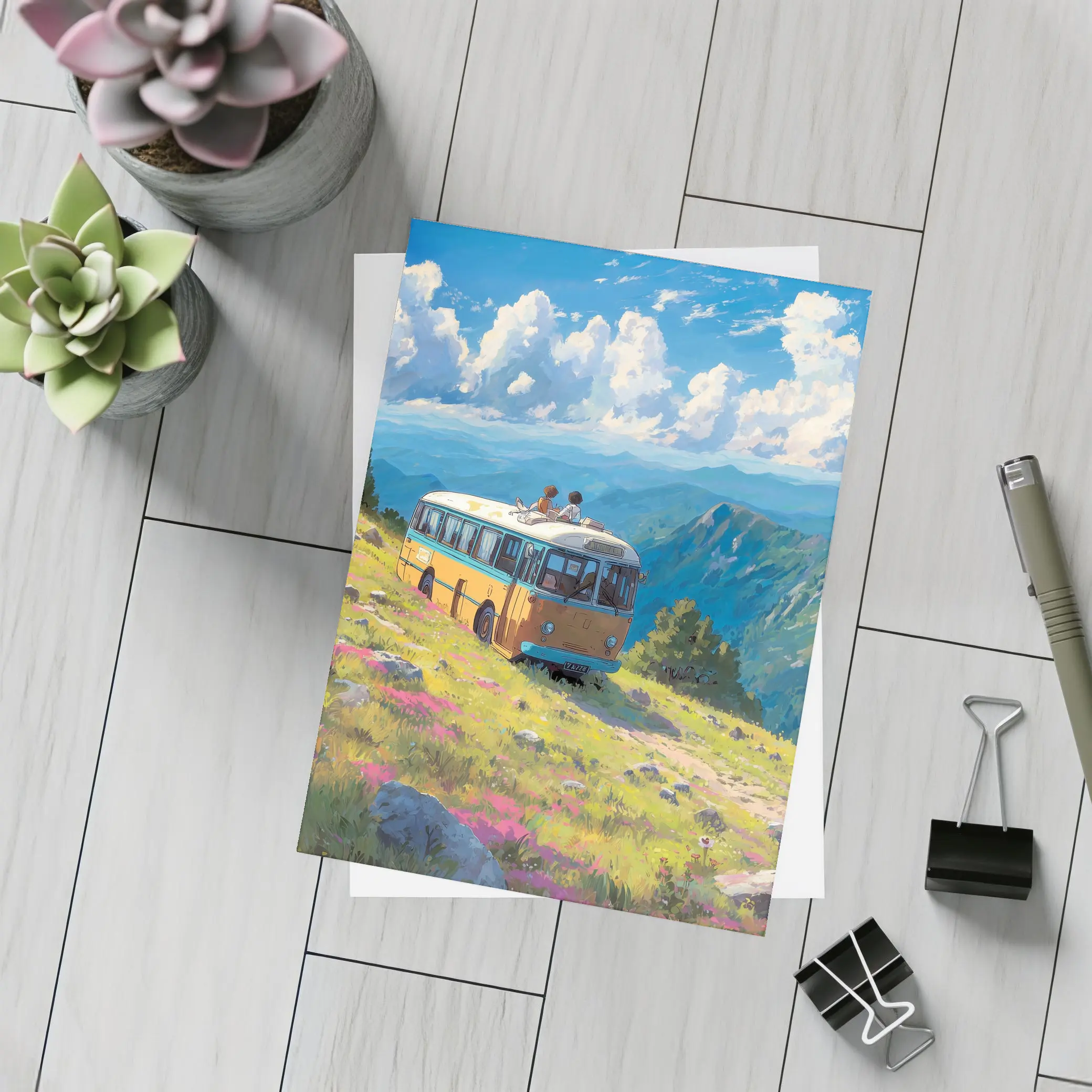 Anime Bus Ride Mountain Wildflower Landscape – Postcards