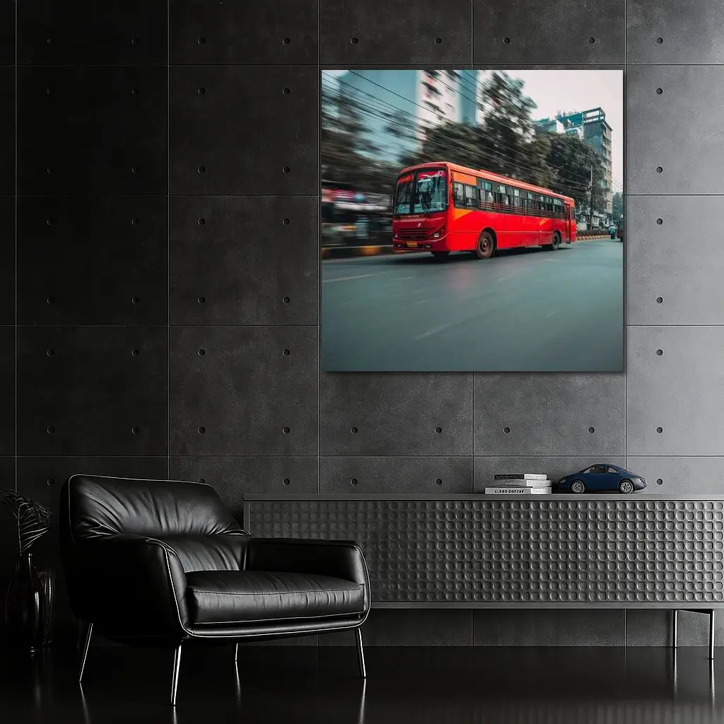 Red Bus Speeding Through Urban City Street – Wall Art