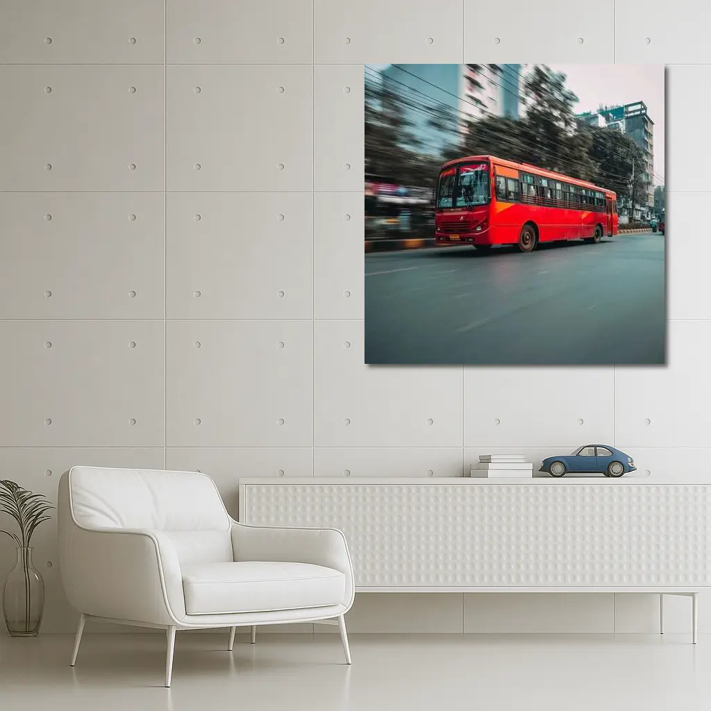 Red Bus Speeding Through Urban City Street – Wall Art