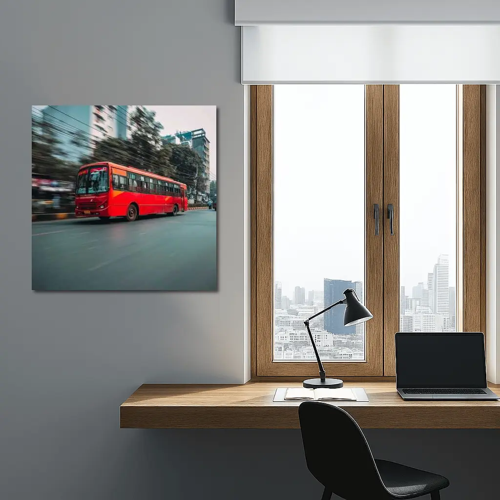 Red Bus Speeding Through Urban City Street – Wall Art