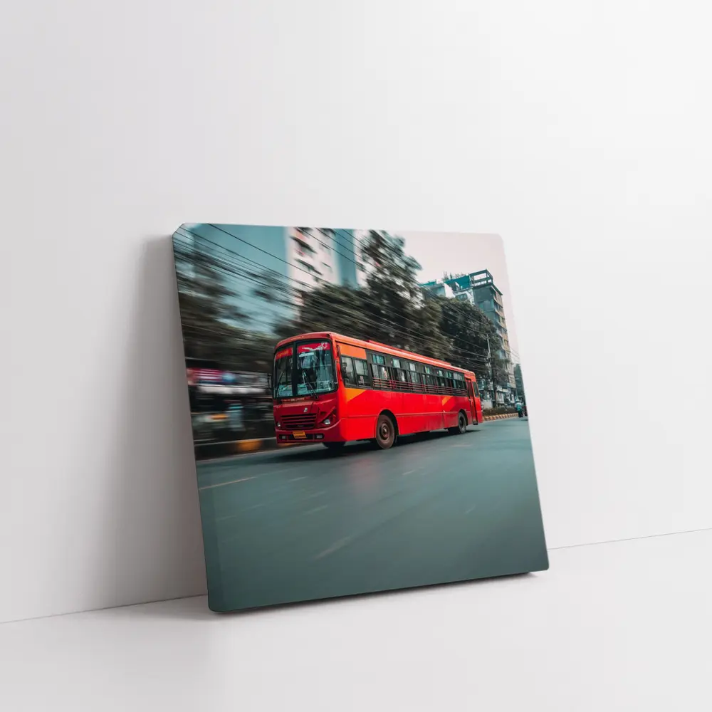 Red Bus Speeding Through Urban City Street – Wall Art