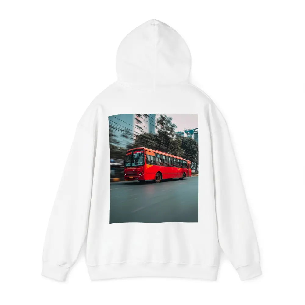 Red Bus Speeding Through Urban City Street – Hoodies