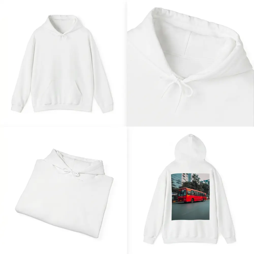 Red Bus Speeding Through Urban City Street – Hoodies