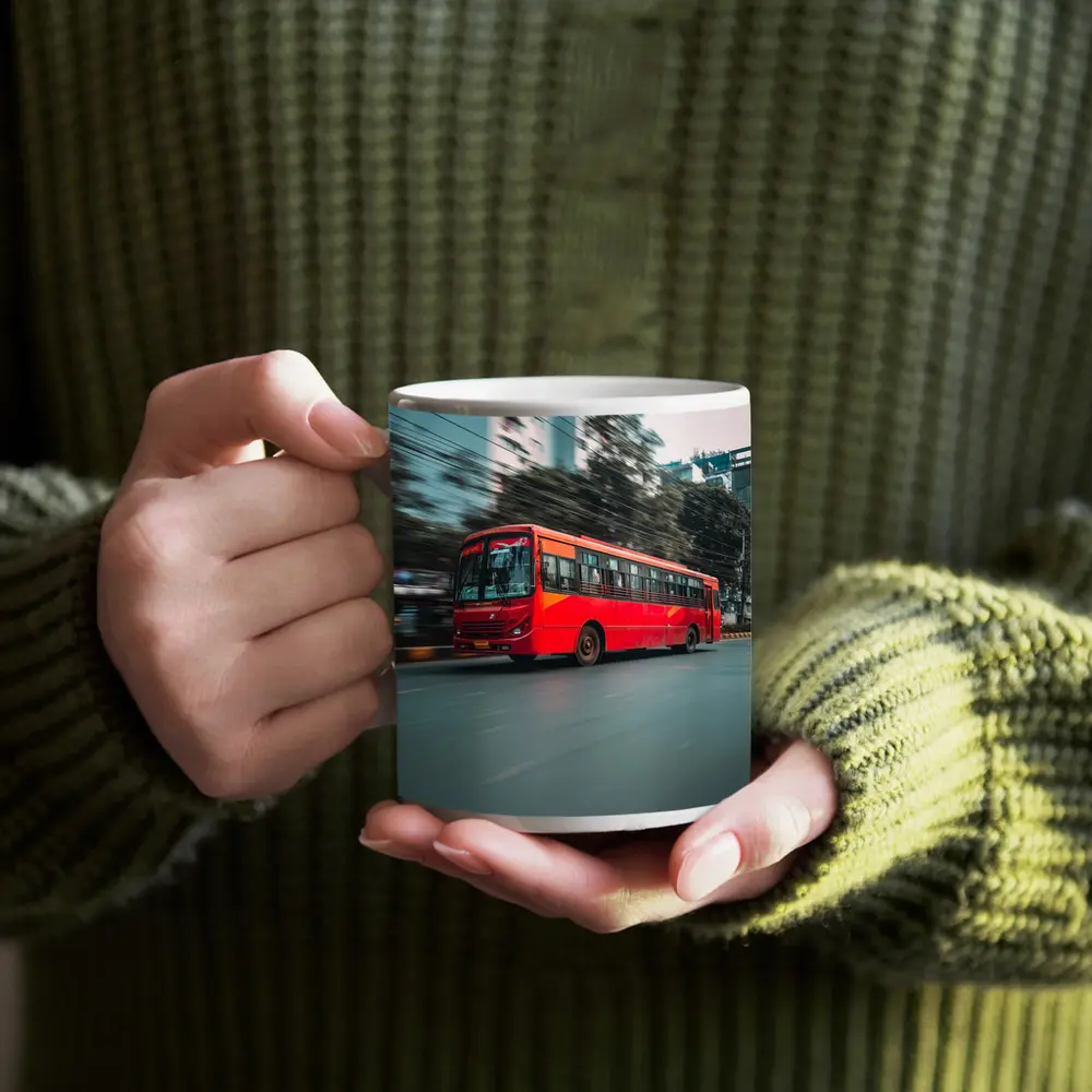 Red Bus Speeding Through Urban City Street – Mugs