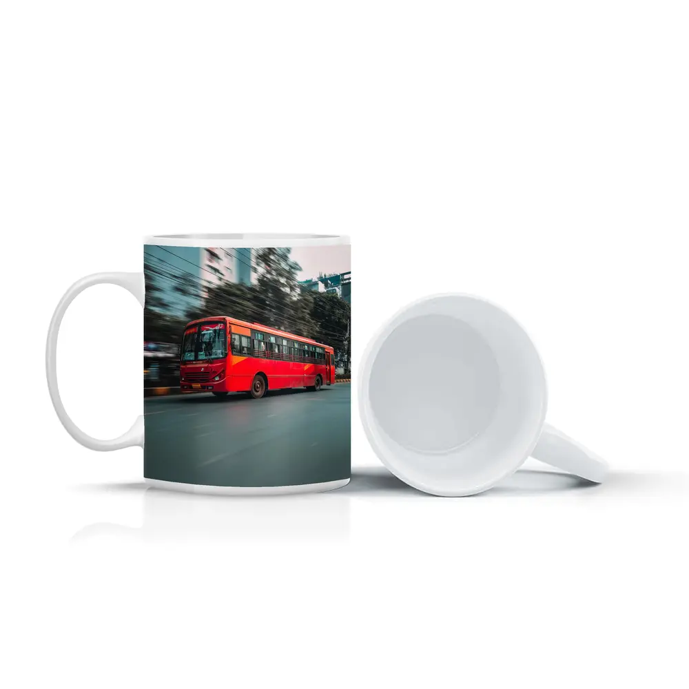 Red Bus Speeding Through Urban City Street – Mugs