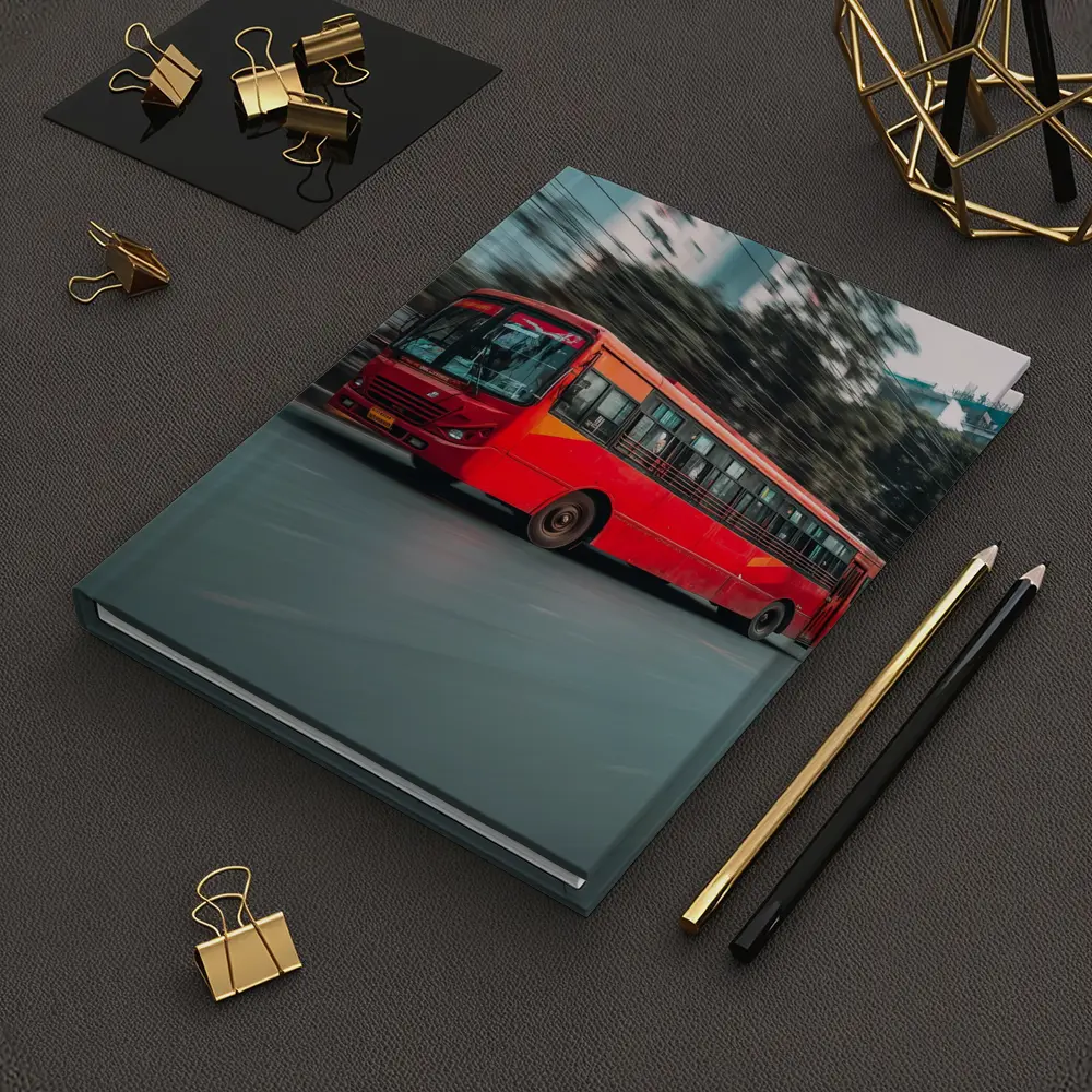Red Bus Speeding Through Urban City Street – Notebooks