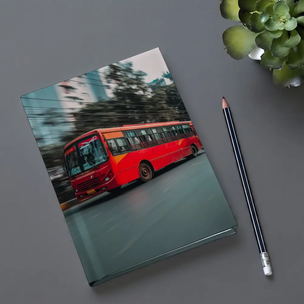 Red Bus Speeding Through Urban City Street – Notebooks