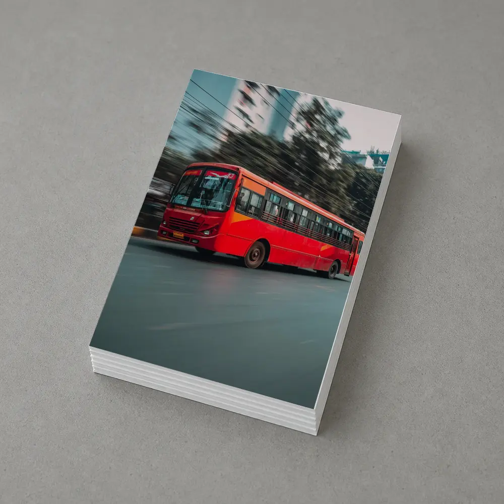 Red Bus Speeding Through Urban City Street – Postcards