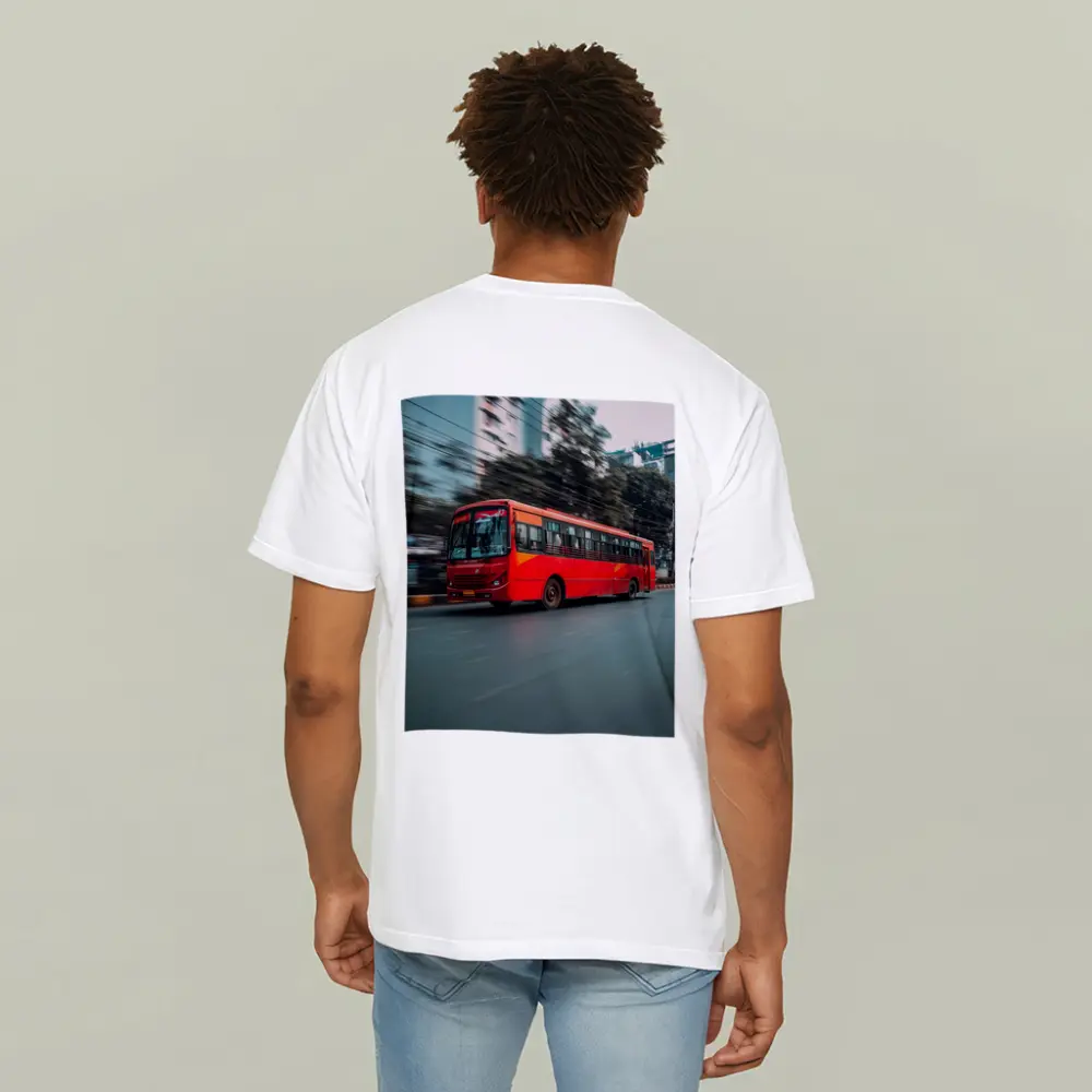 Red Bus Speeding Through Urban City Street – T-Shirts