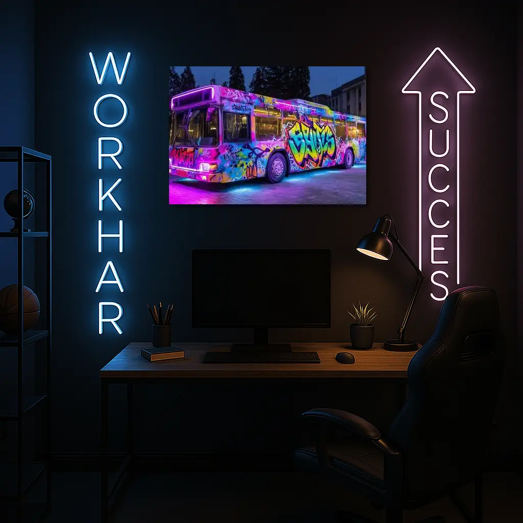 Graffiti Bus Neon Lights Urban Night Art – Wall Art