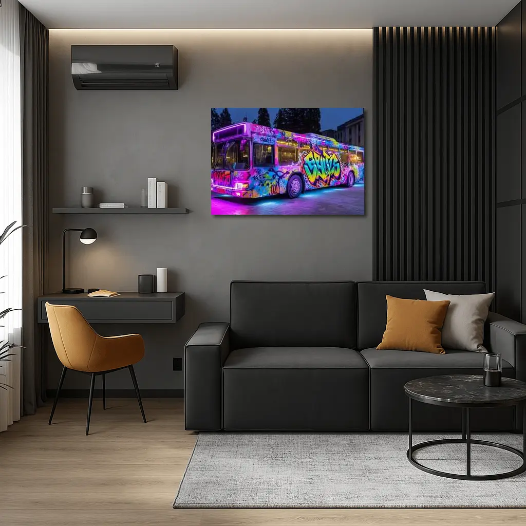 Graffiti Bus Neon Lights Urban Night Art – Wall Art