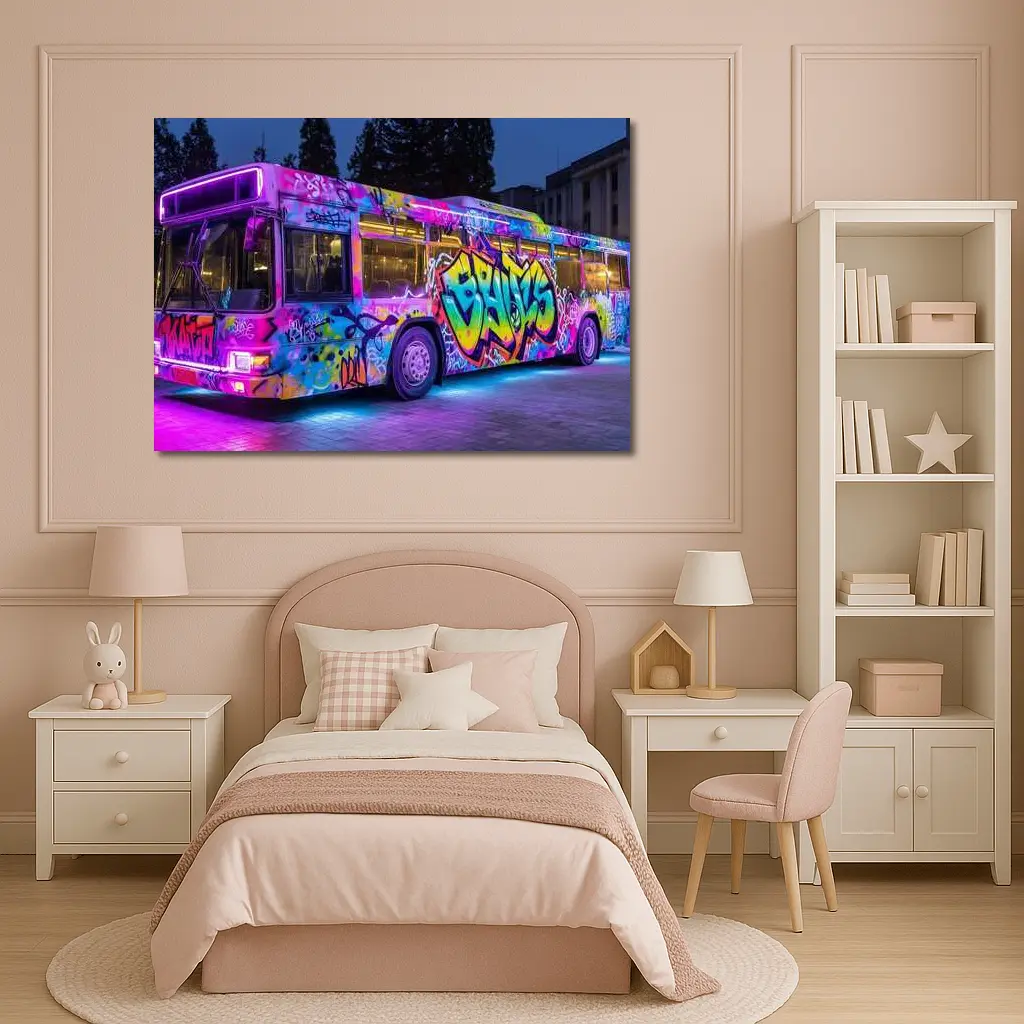 Graffiti Bus Neon Lights Urban Night Art – Wall Art