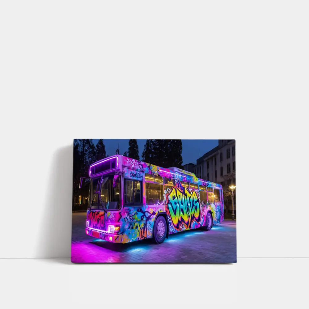 Graffiti Bus Neon Lights Urban Night Art – Wall Art