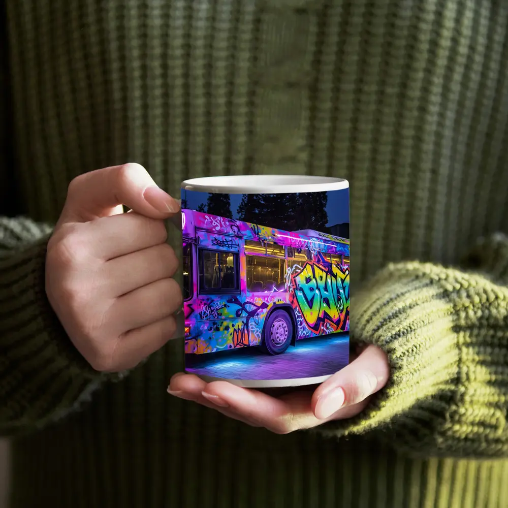 Graffiti Bus Neon Lights Urban Night Art – Mugs