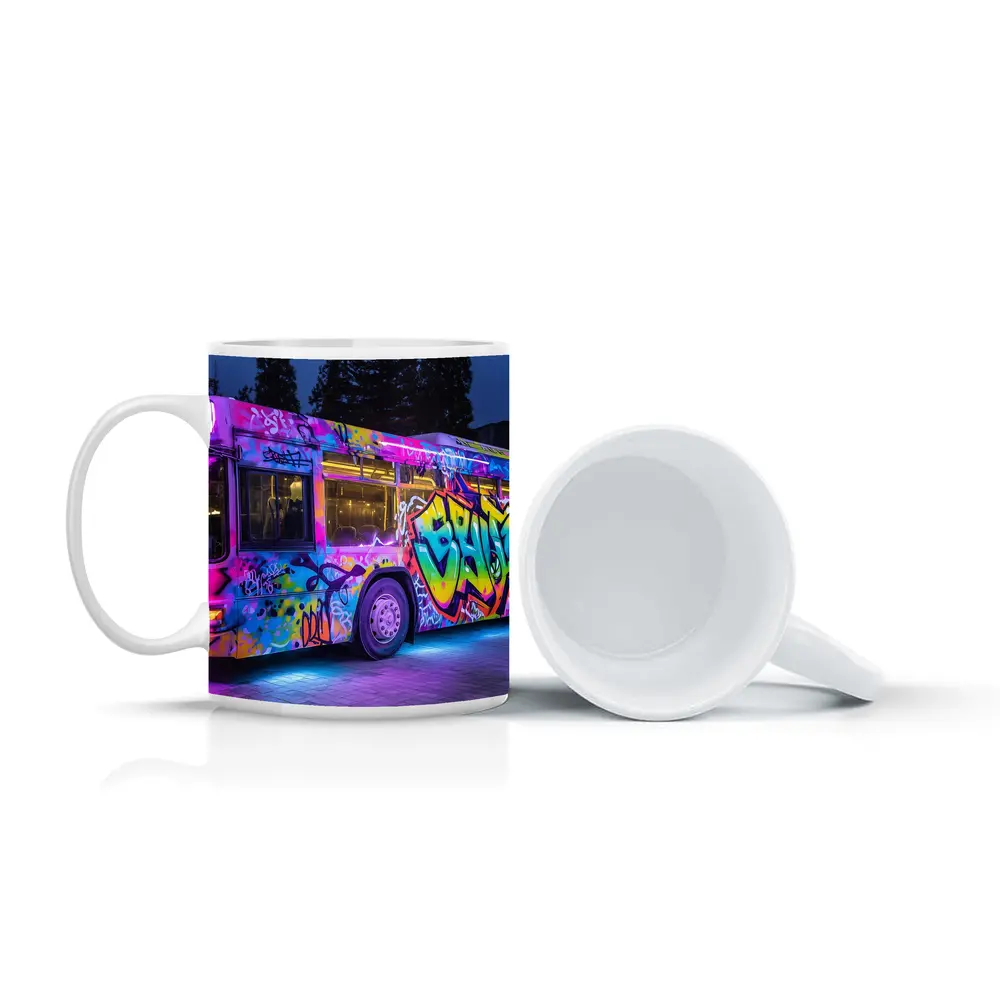 Graffiti Bus Neon Lights Urban Night Art – Mugs