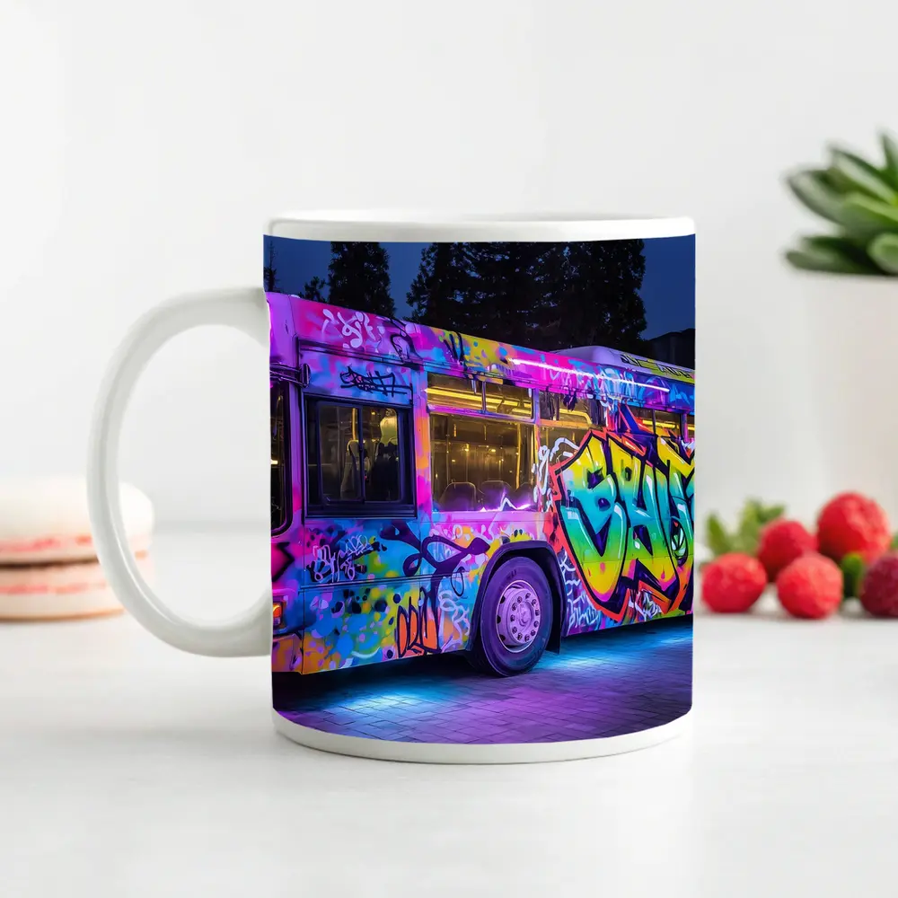 Graffiti Bus Neon Lights Urban Night Art – Mugs