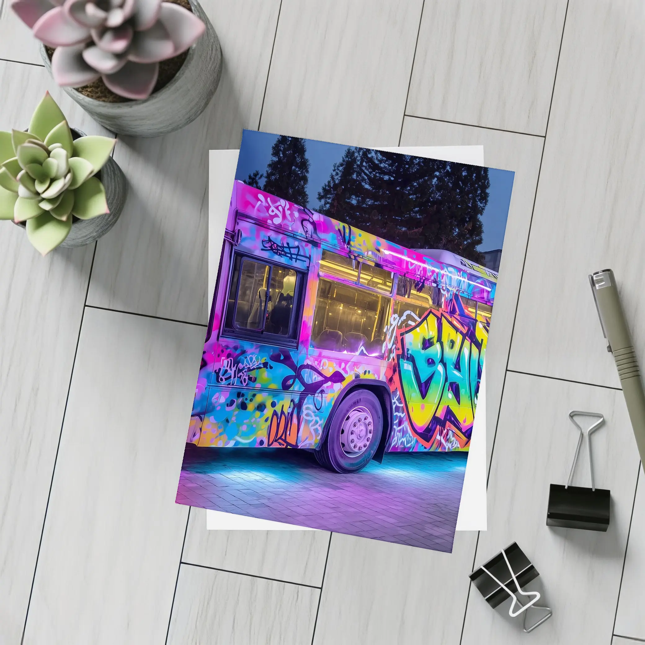 Graffiti Bus Neon Lights Urban Night Art – Postcards
