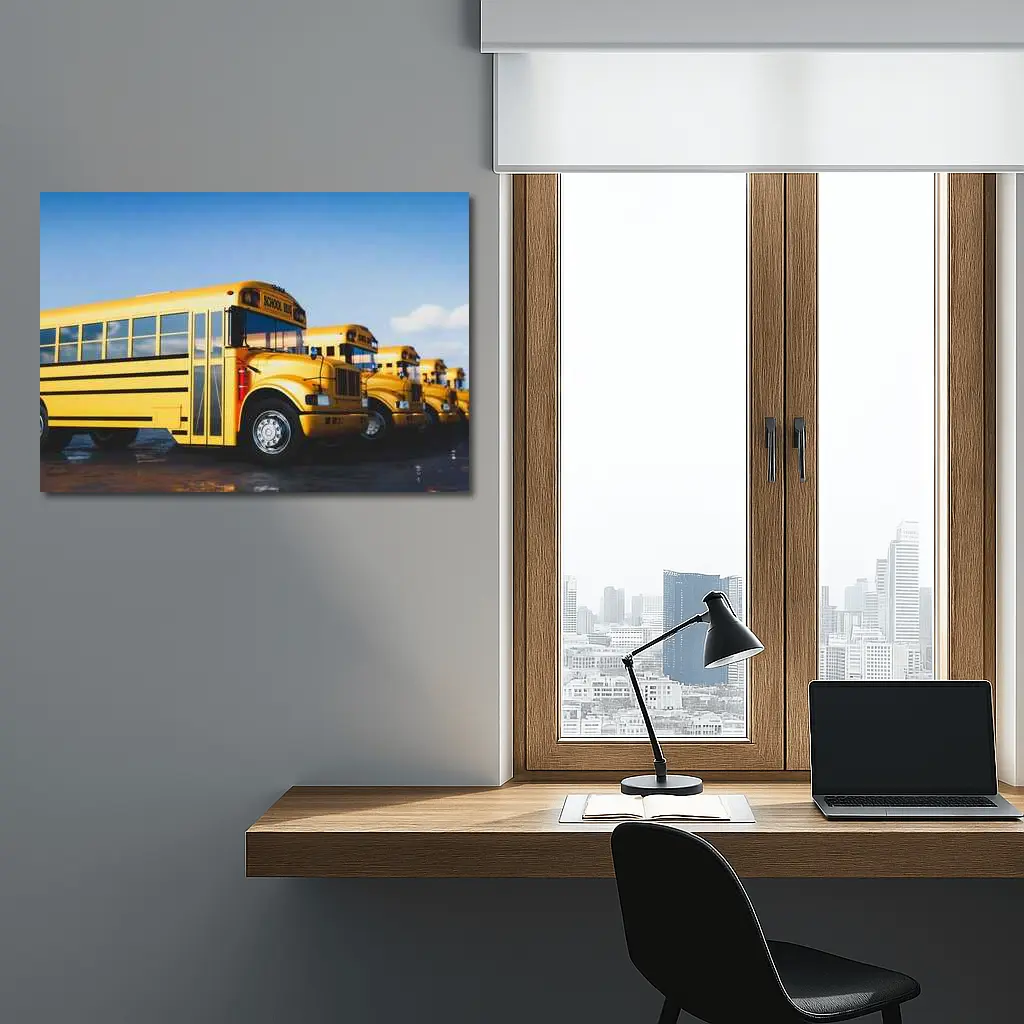 Yellow School Buses Lined Up Blue Sky – Wall Art