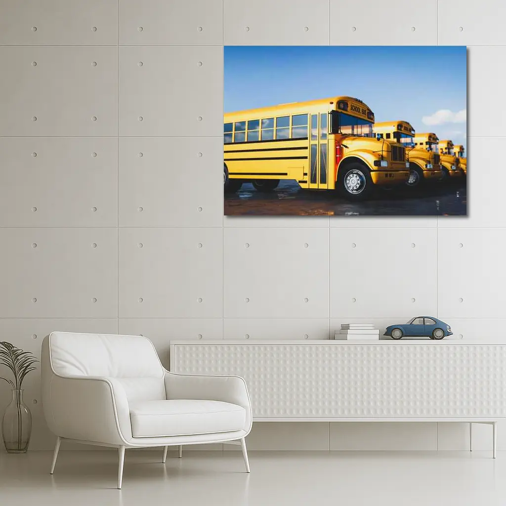 Yellow School Buses Lined Up Blue Sky – Wall Art