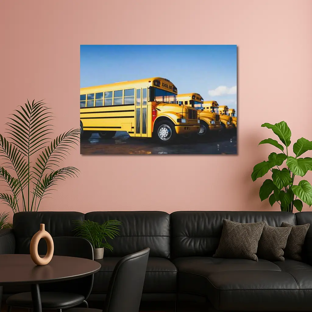 Yellow School Buses Lined Up Blue Sky – Wall Art