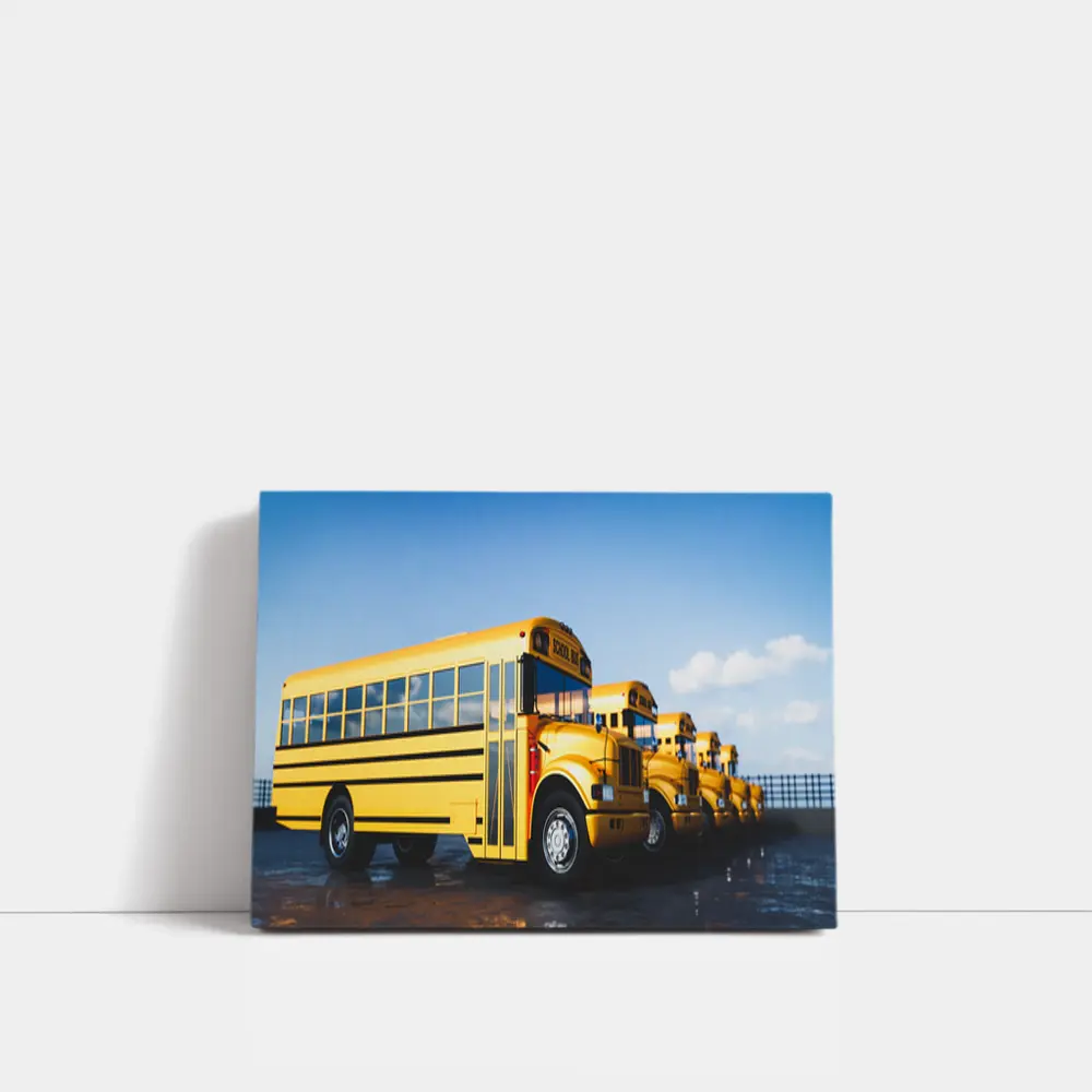 Yellow School Buses Lined Up Blue Sky – Wall Art
