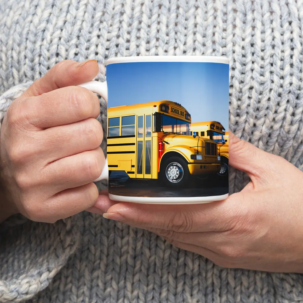 Yellow School Buses Lined Up Blue Sky – Mugs