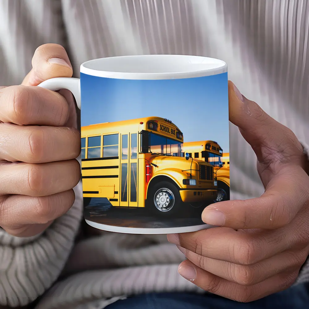 Yellow School Buses Lined Up Blue Sky – Mugs