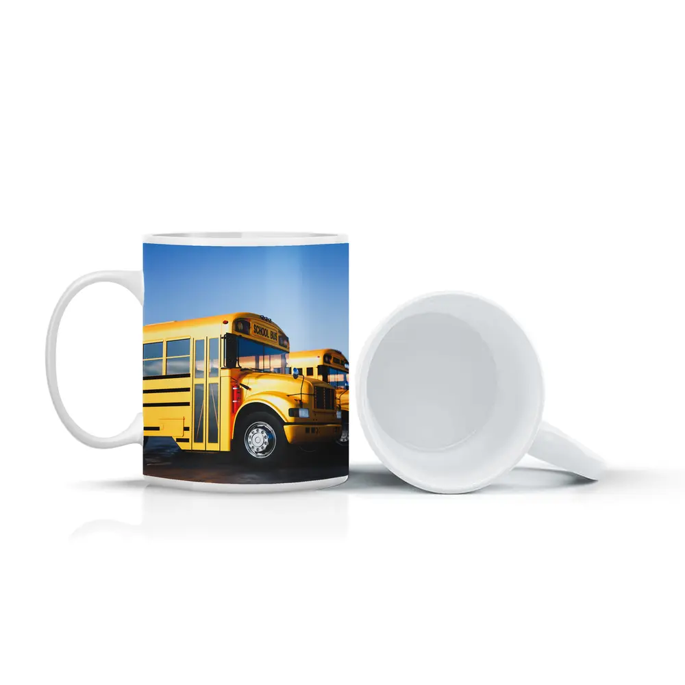 Yellow School Buses Lined Up Blue Sky – Mugs