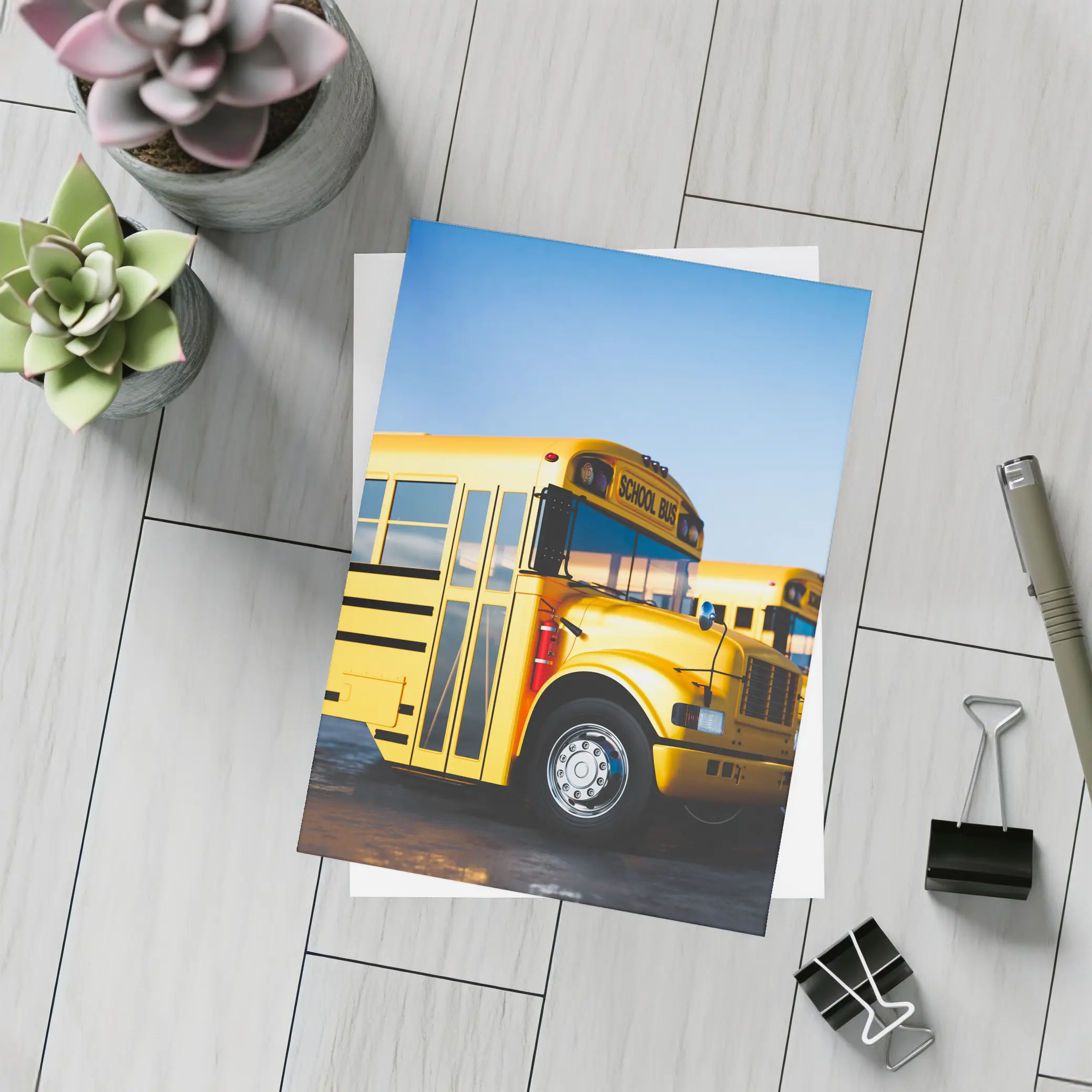 Yellow School Buses Lined Up Blue Sky – Postcards