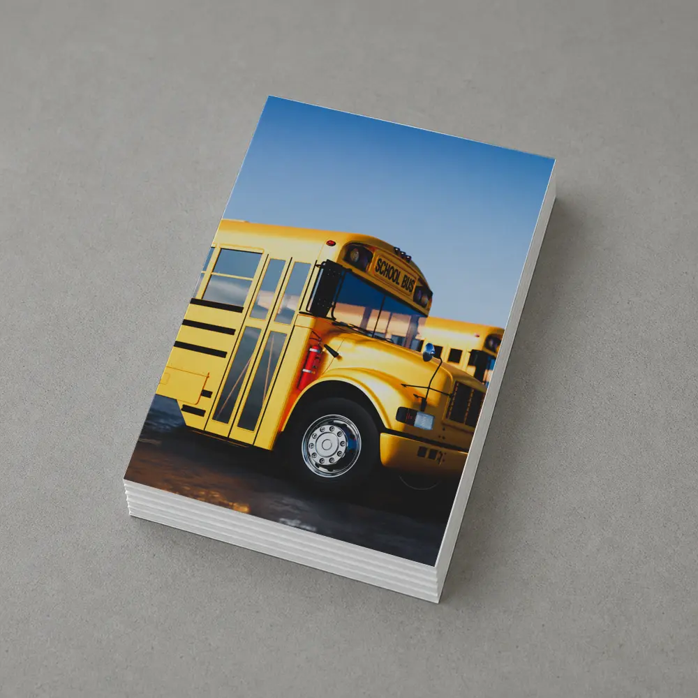 Yellow School Buses Lined Up Blue Sky – Postcards
