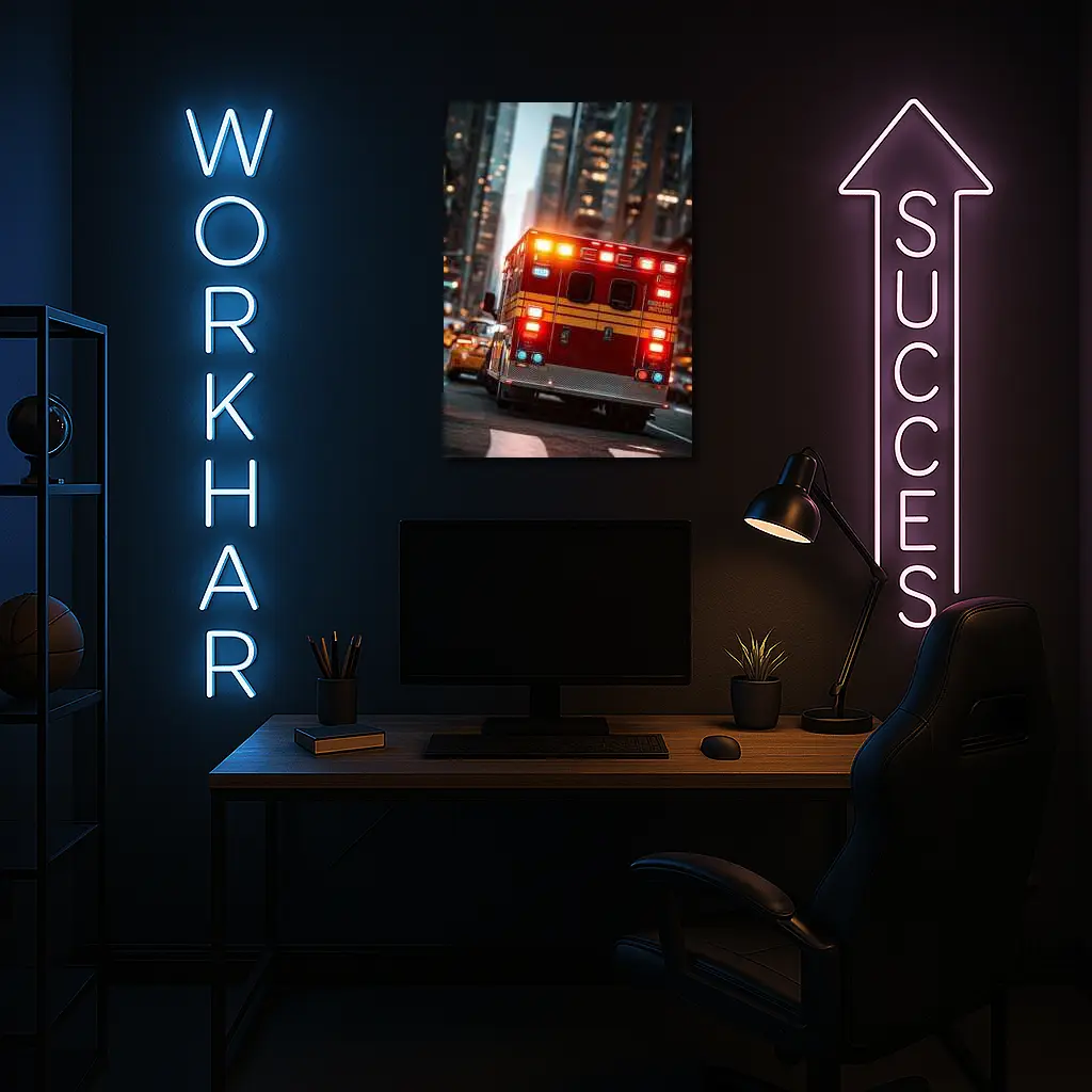 Ambulance Speeding Through City Street Night – Wall Art