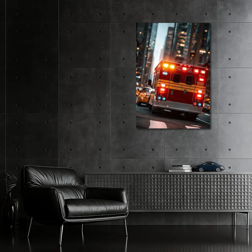 Ambulance Speeding Through City Street Night – Wall Art