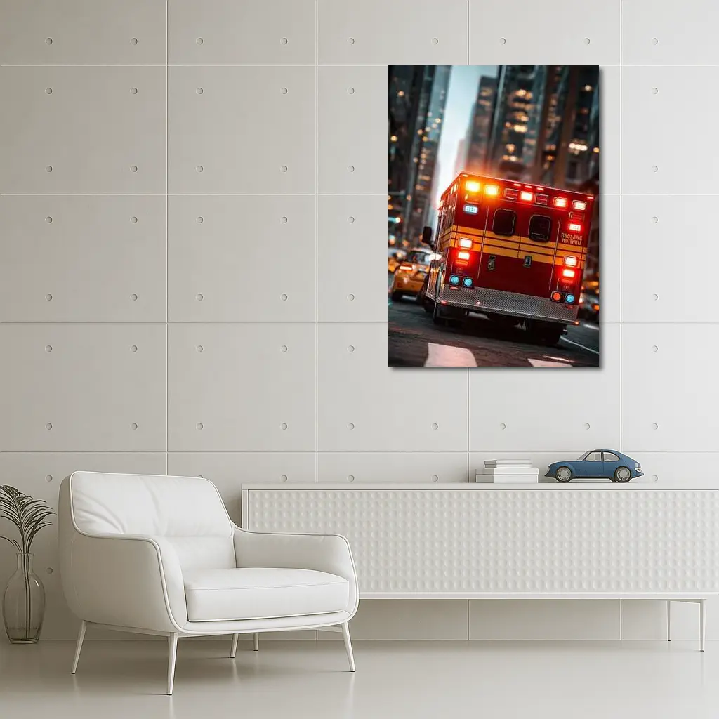 Ambulance Speeding Through City Street Night – Wall Art