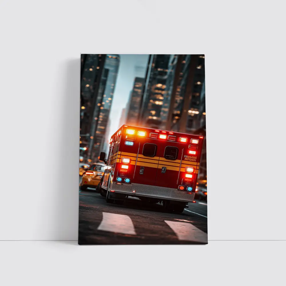 Ambulance Speeding Through City Street Night – Wall Art