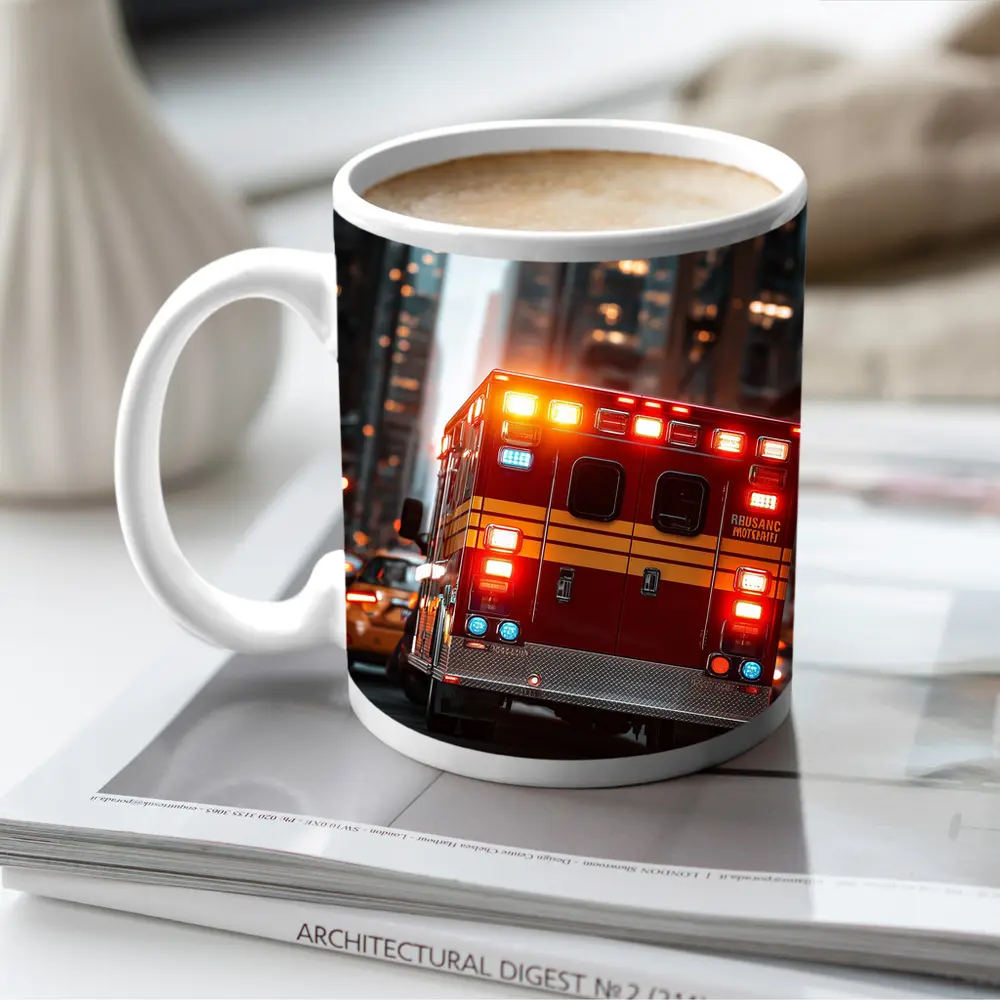 Ambulance Speeding Through City Street Night – Mugs