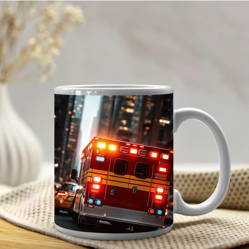 Ambulance Speeding Through City Street Night – Mugs