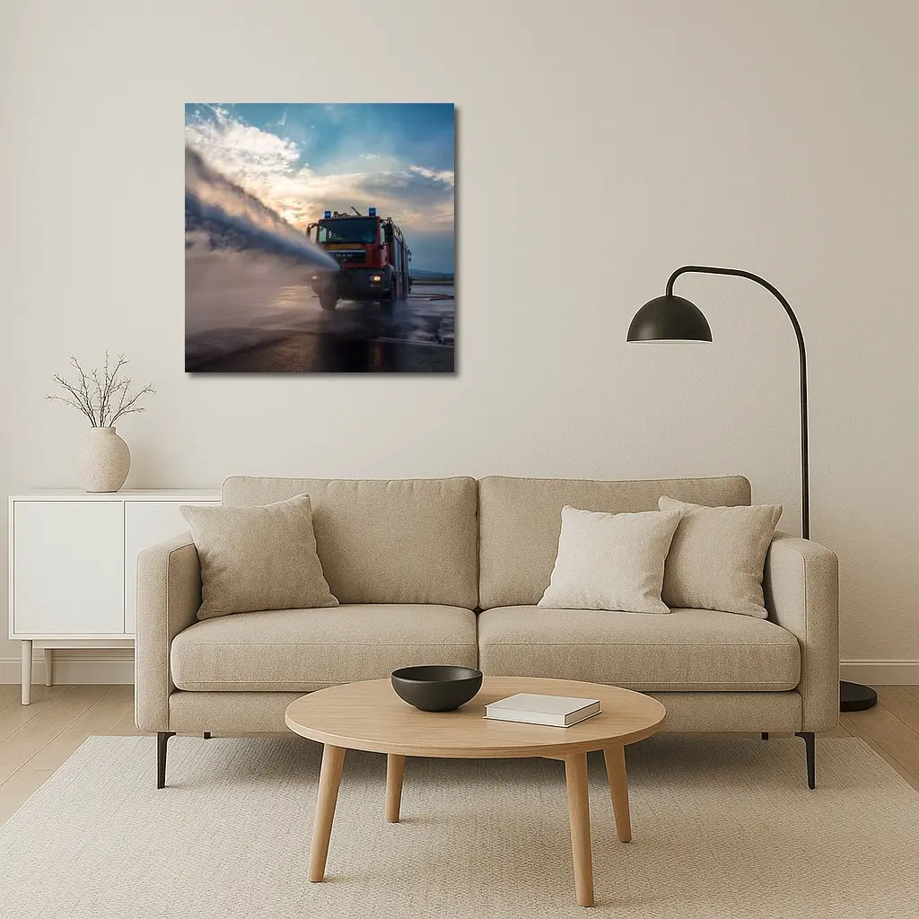 MAN Fire Truck Spraying Water Dramatic Sky – Wall Art