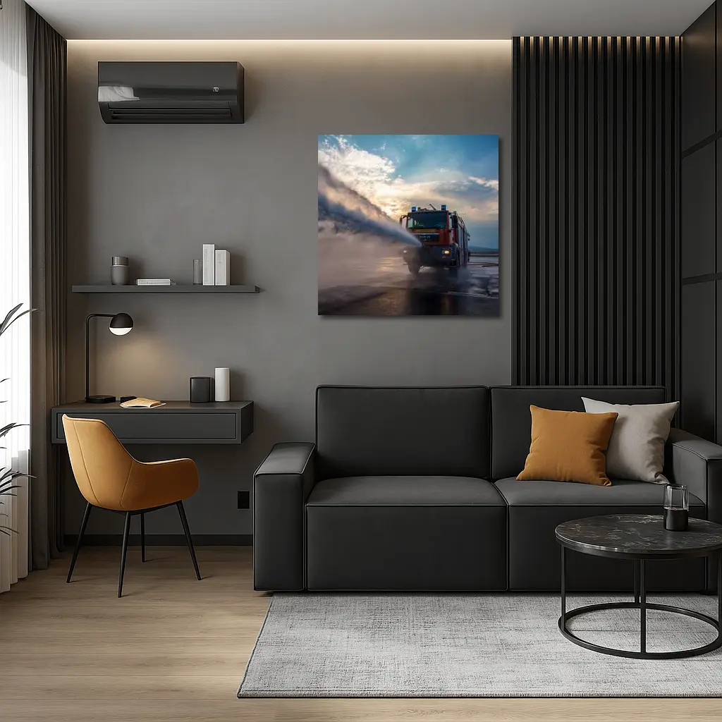 MAN Fire Truck Spraying Water Dramatic Sky – Wall Art