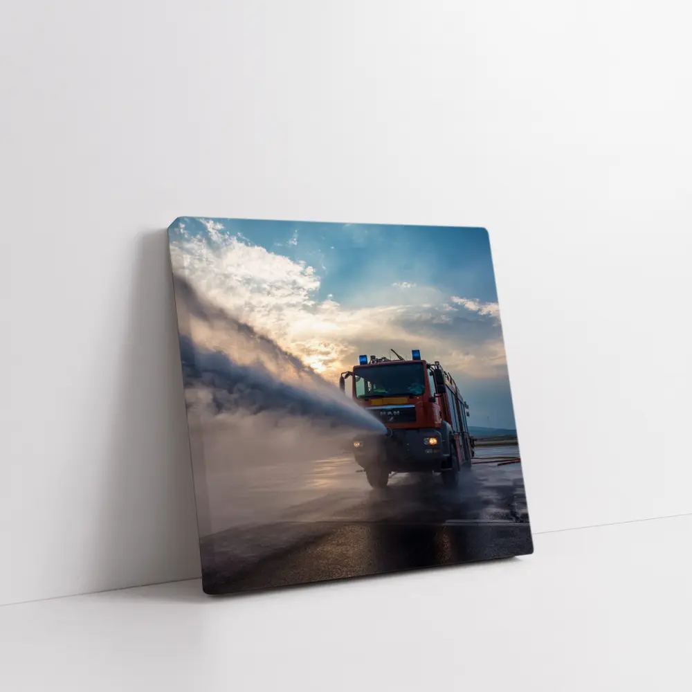 MAN Fire Truck Spraying Water Dramatic Sky – Wall Art