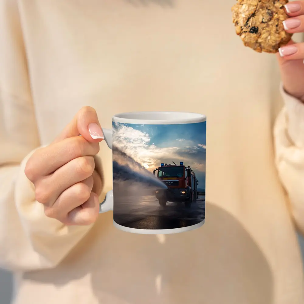MAN Fire Truck Spraying Water Dramatic Sky – Mugs