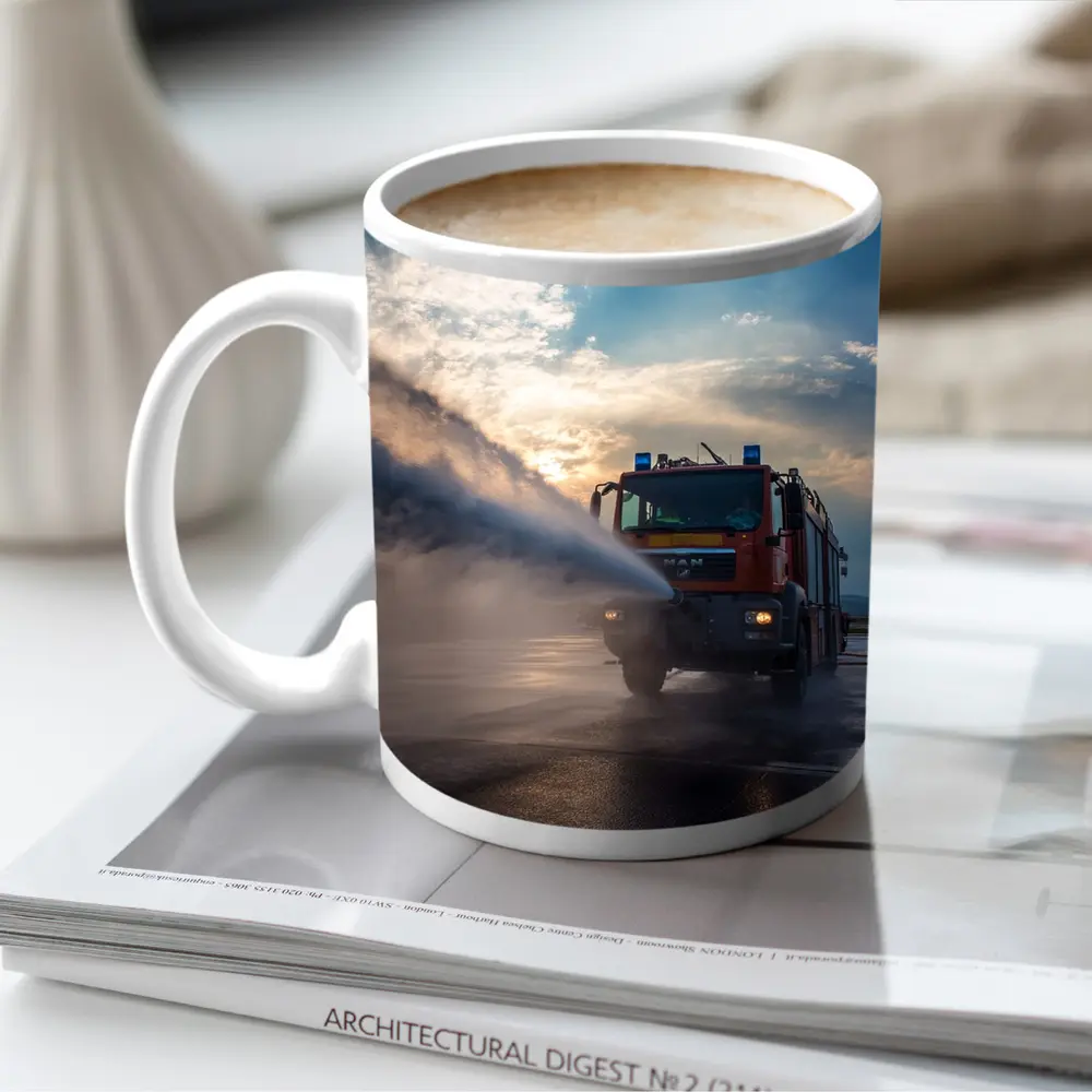 MAN Fire Truck Spraying Water Dramatic Sky – Mugs