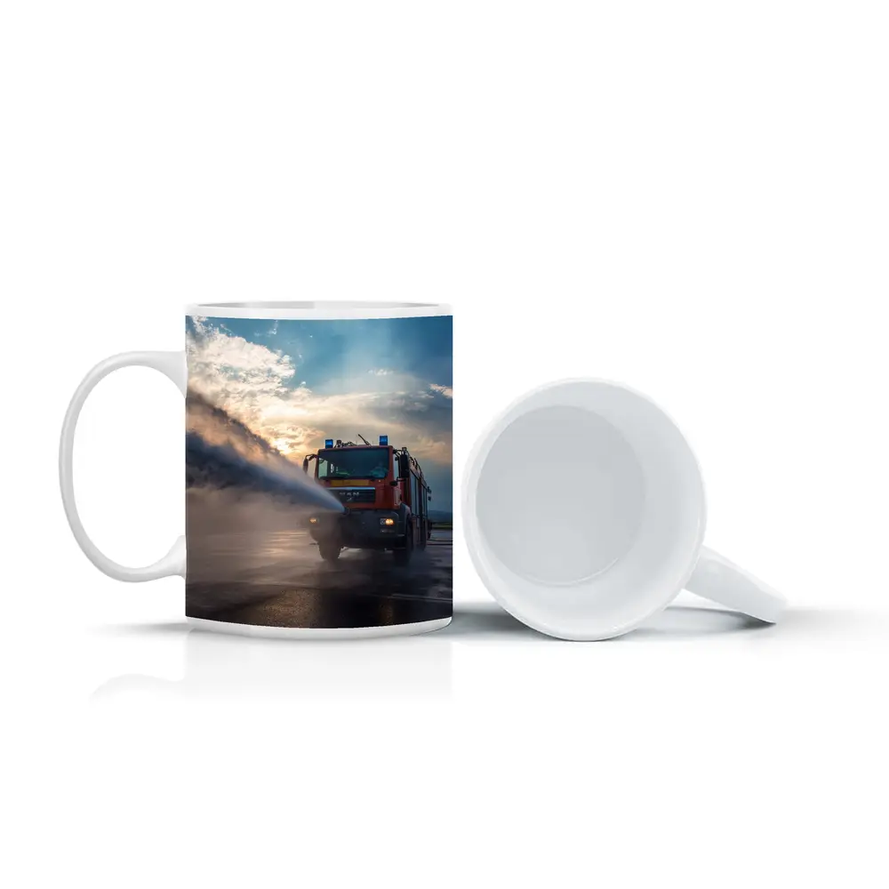 MAN Fire Truck Spraying Water Dramatic Sky – Mugs